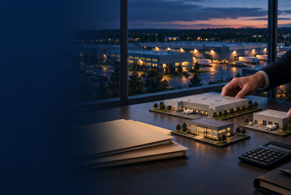 An advisor reviews miniature commercial buildings beside a calculator while overlooking an industrial facility at dusk.