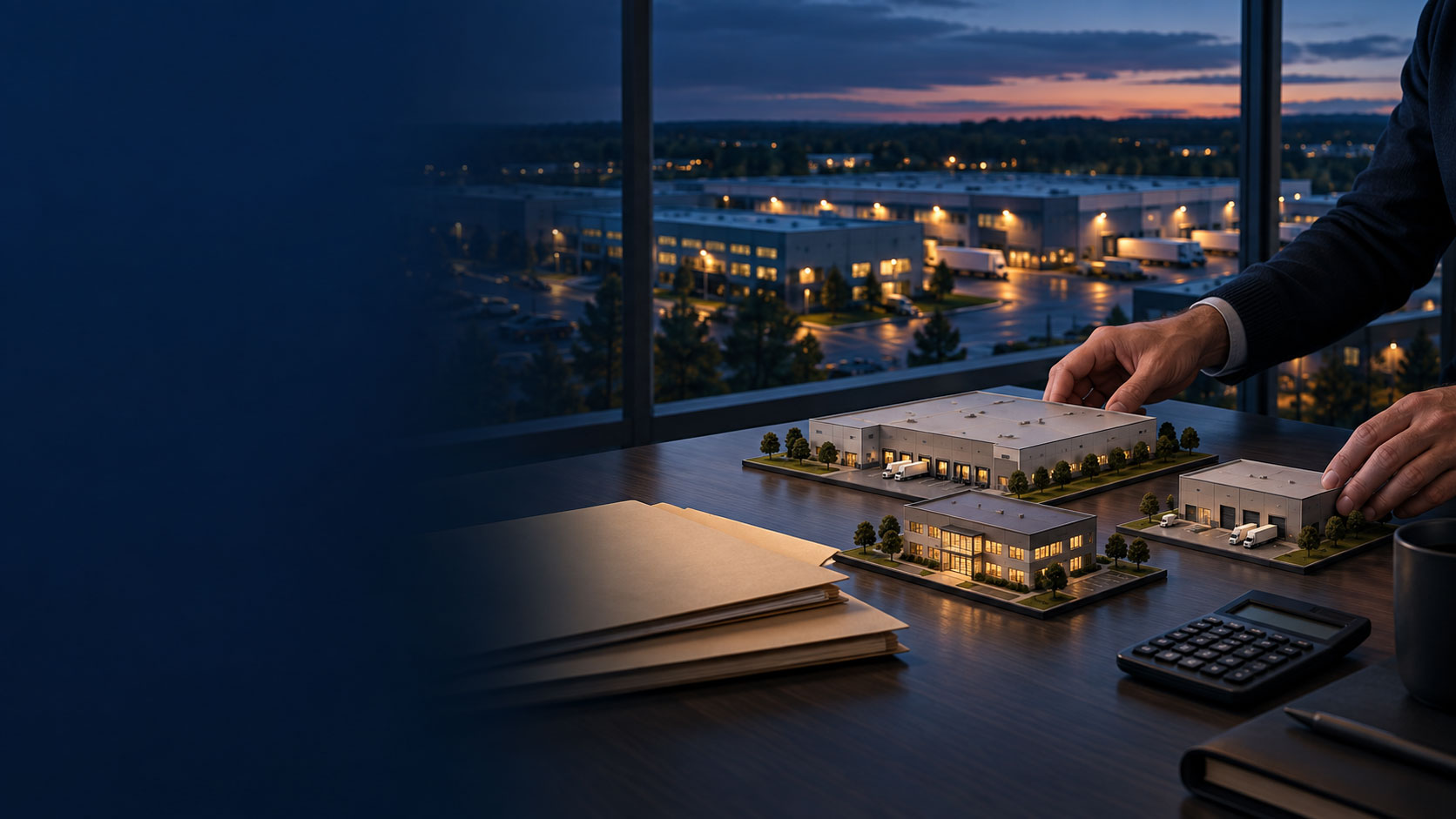 An advisor reviews miniature commercial buildings beside a calculator while overlooking an industrial facility at dusk.