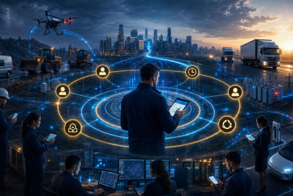 Field teams use phones and tablets around connected vehicles, industrial equipment, sensors and a network operations center.