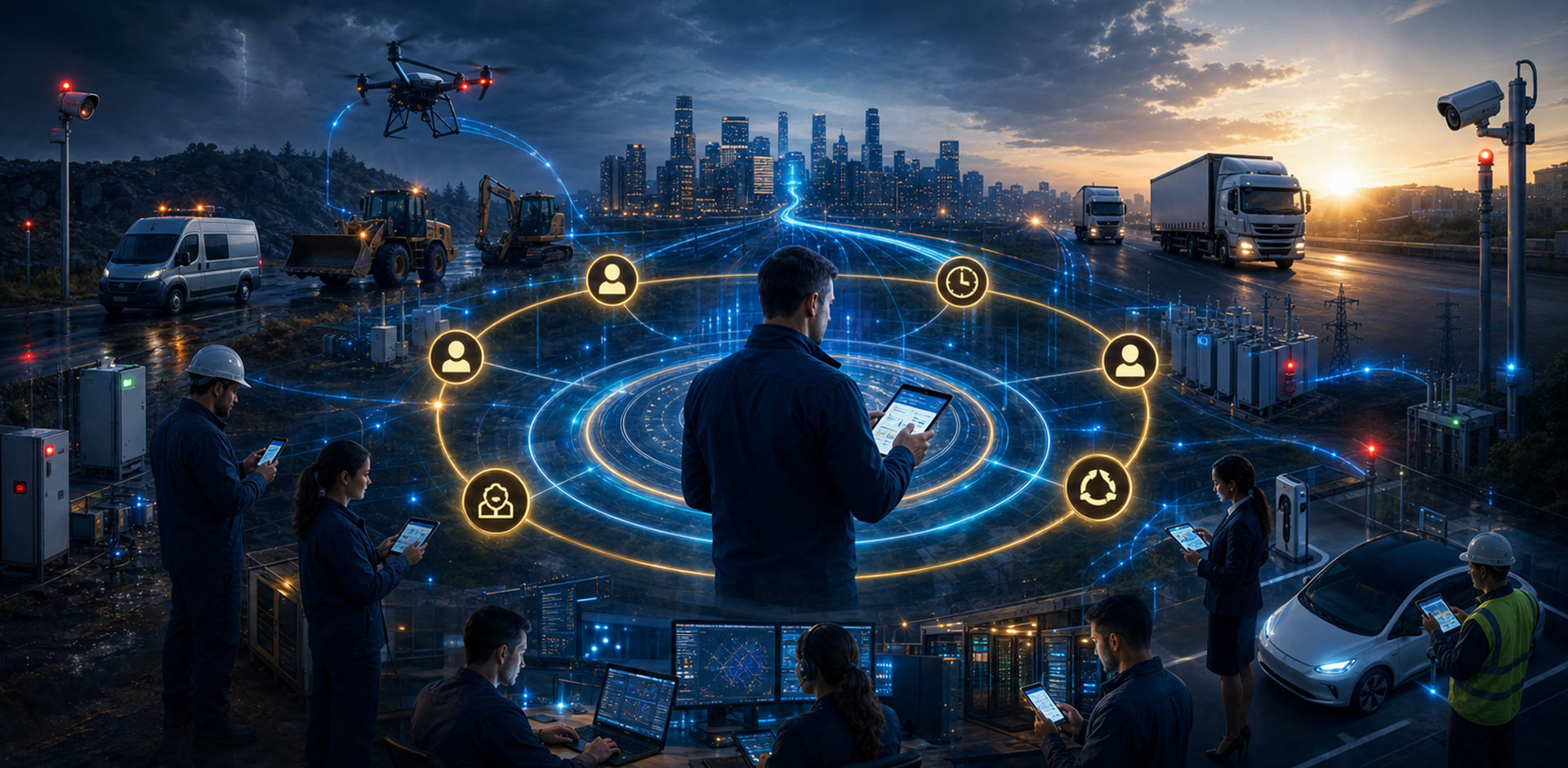 Field teams use phones and tablets around connected vehicles, industrial equipment, sensors and a network operations center.