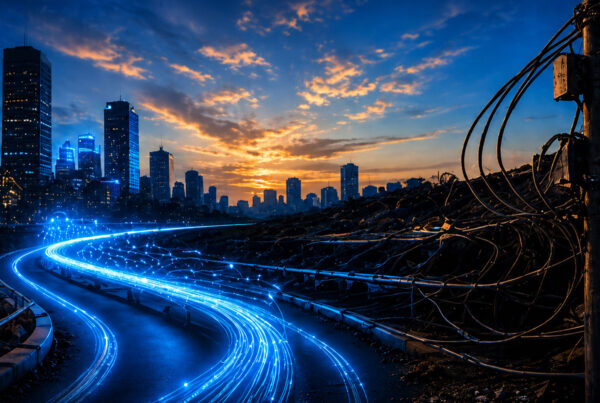 Modern digital network light trails replace tangled legacy copper lines leading toward a city skyline.