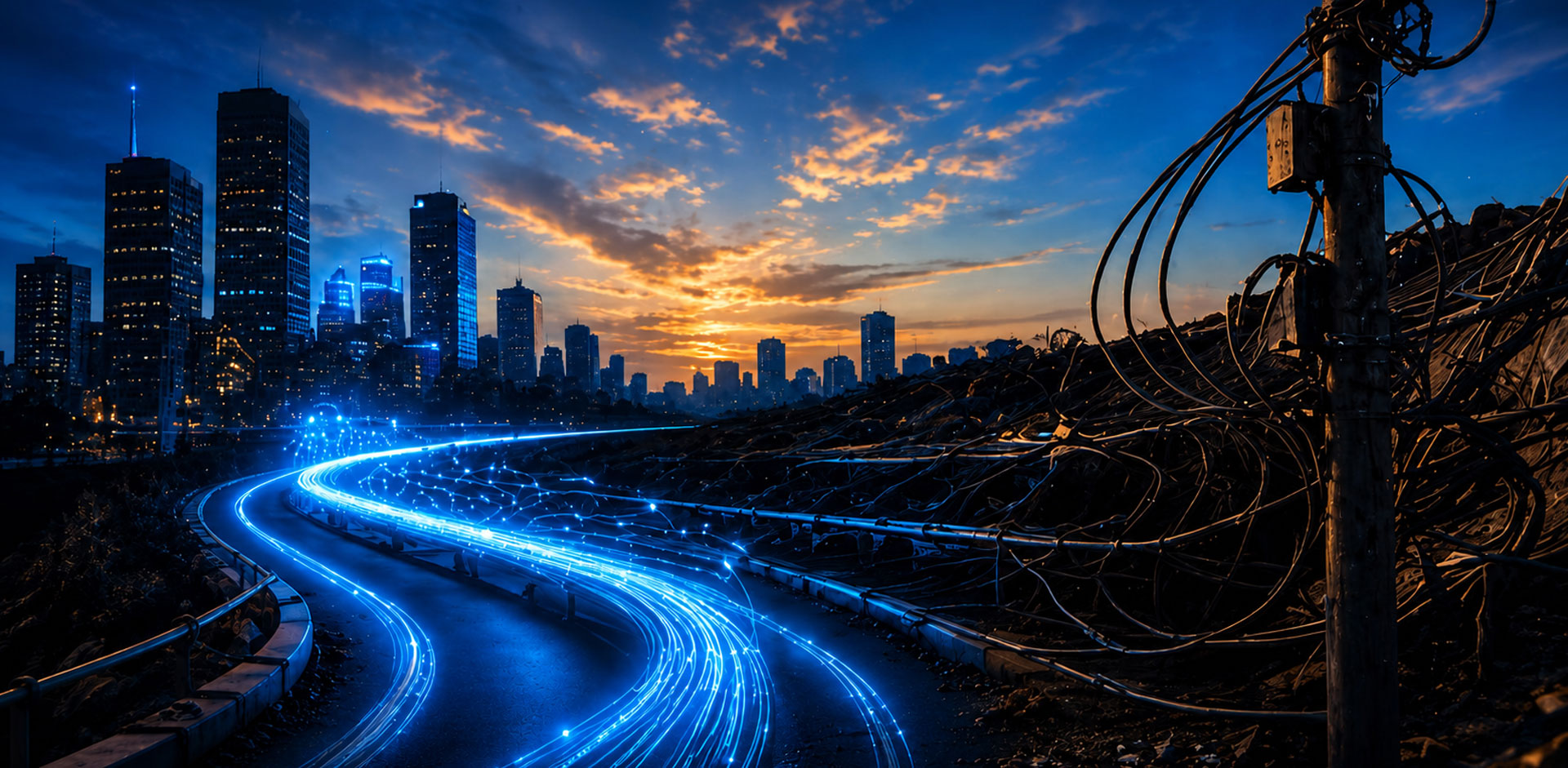 Modern digital network light trails replace tangled legacy copper lines leading toward a city skyline.