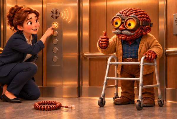 POTSy gives a thumbs up as a facilities manager tests the elevator emergency button after the copper line is replaced.