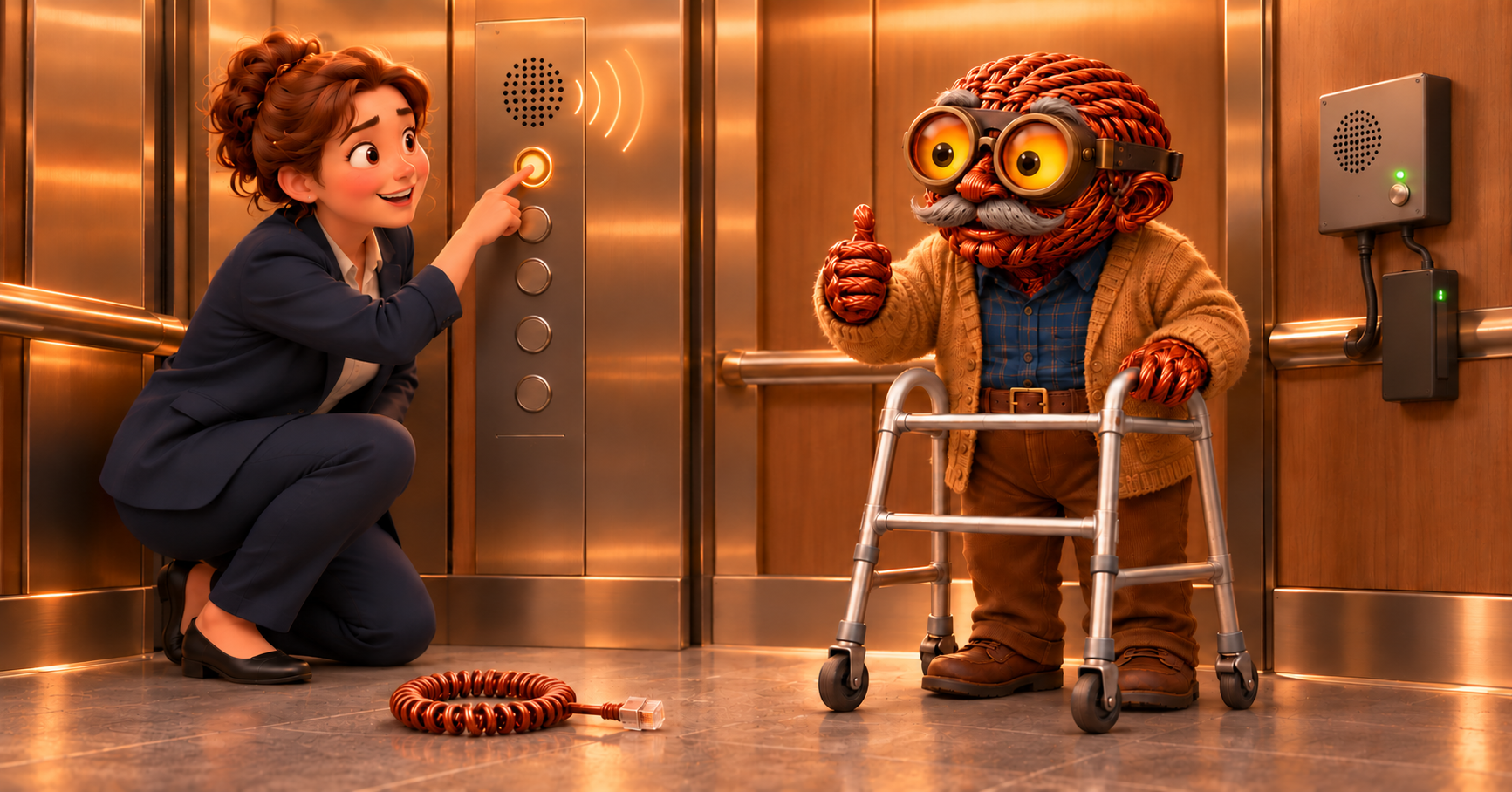 POTSy gives a thumbs up as a facilities manager tests the elevator emergency button after the copper line is replaced.