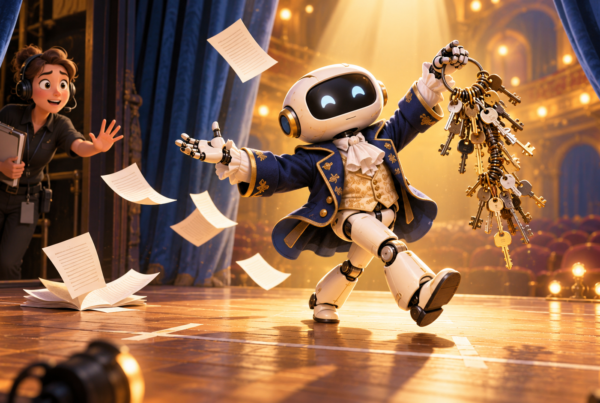 A cheerful robot actor abandons its script and strides across a theater stage holding an oversized ring of keys as a stage manager tries to pause it.