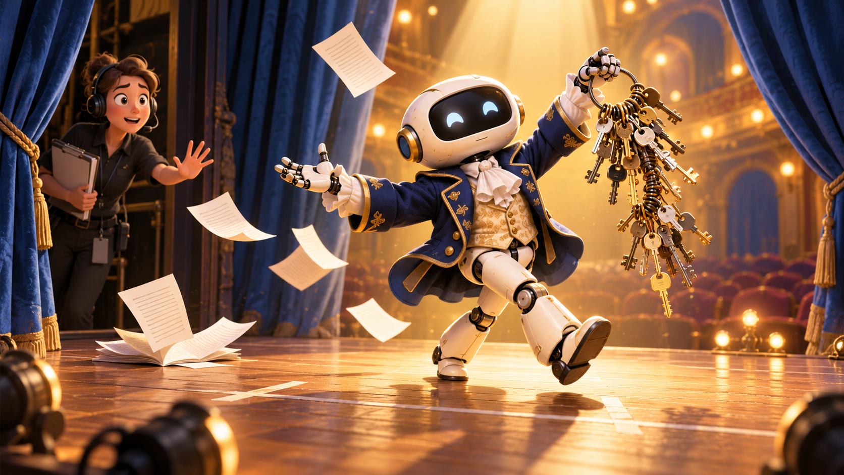 A cheerful robot actor abandons its script and strides across a theater stage holding an oversized ring of keys as a stage manager tries to pause it.