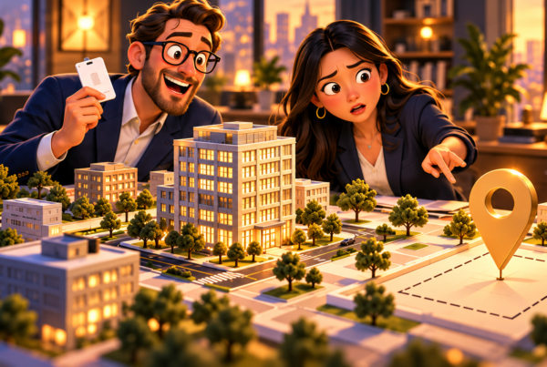 Illustration of acquisition managers noticing a missing location beside a newly added office building.