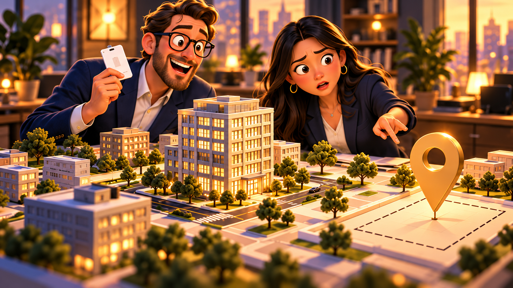 Illustration of acquisition managers noticing a missing location beside a newly added office building.