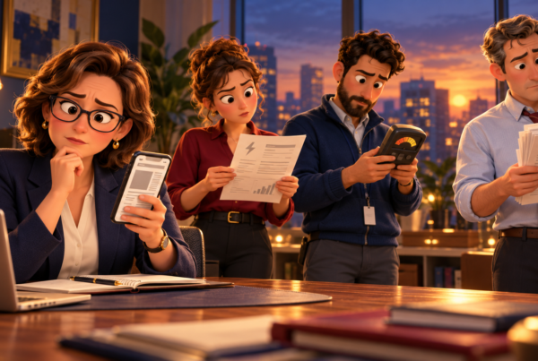 Illustration of a CFO holding a phone with a news-style screen while three colleagues separately examine a utility bill, a meter and a stack of invoices.