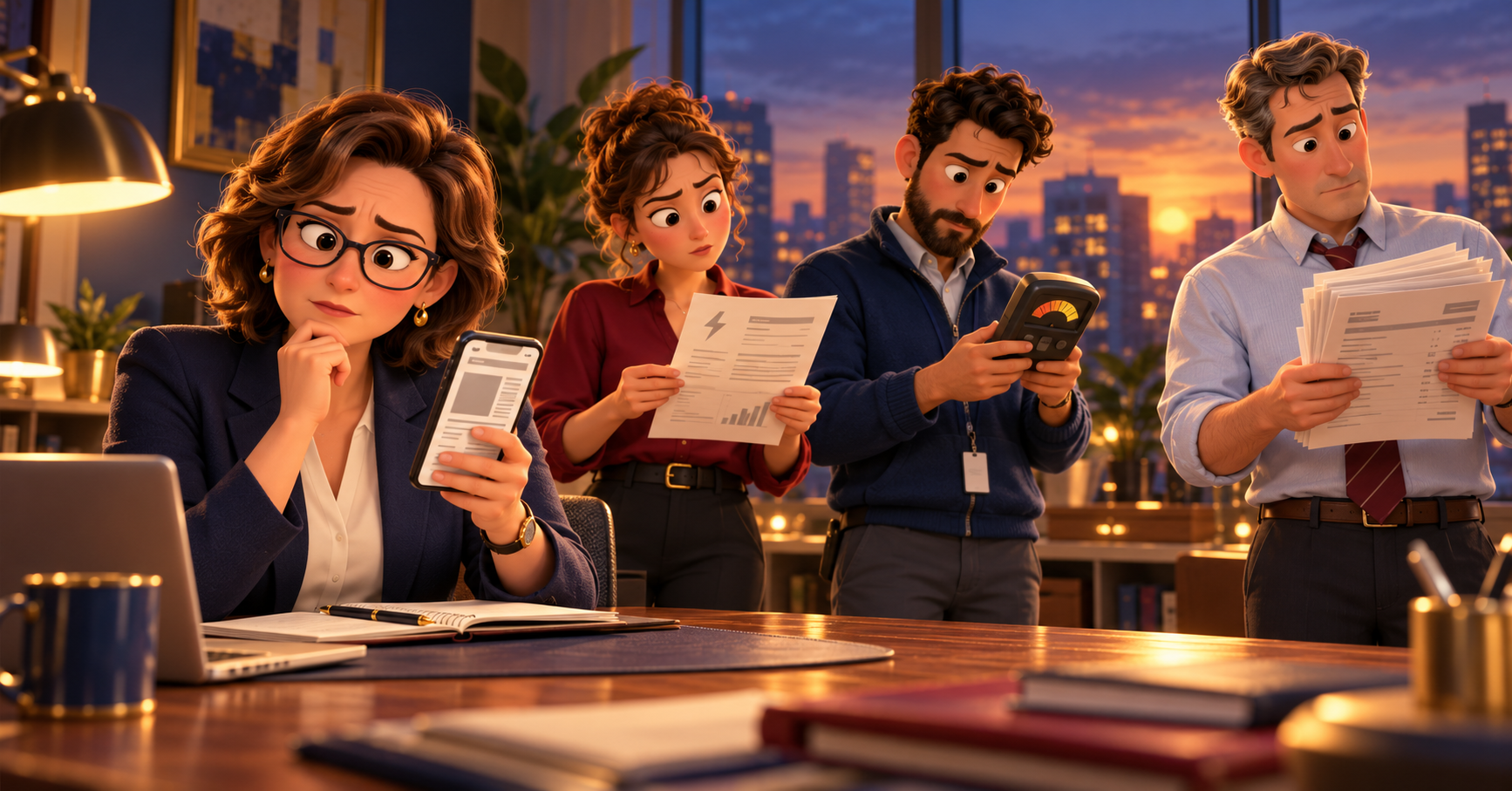 Illustration of a CFO holding a phone with a news-style screen while three colleagues separately examine a utility bill, a meter and a stack of invoices.