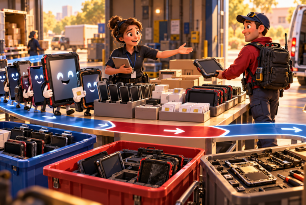 Mobile device lifecycle team sorts rugged phones and tablets for deployment, reuse, repair and recycling at a logistics facility.