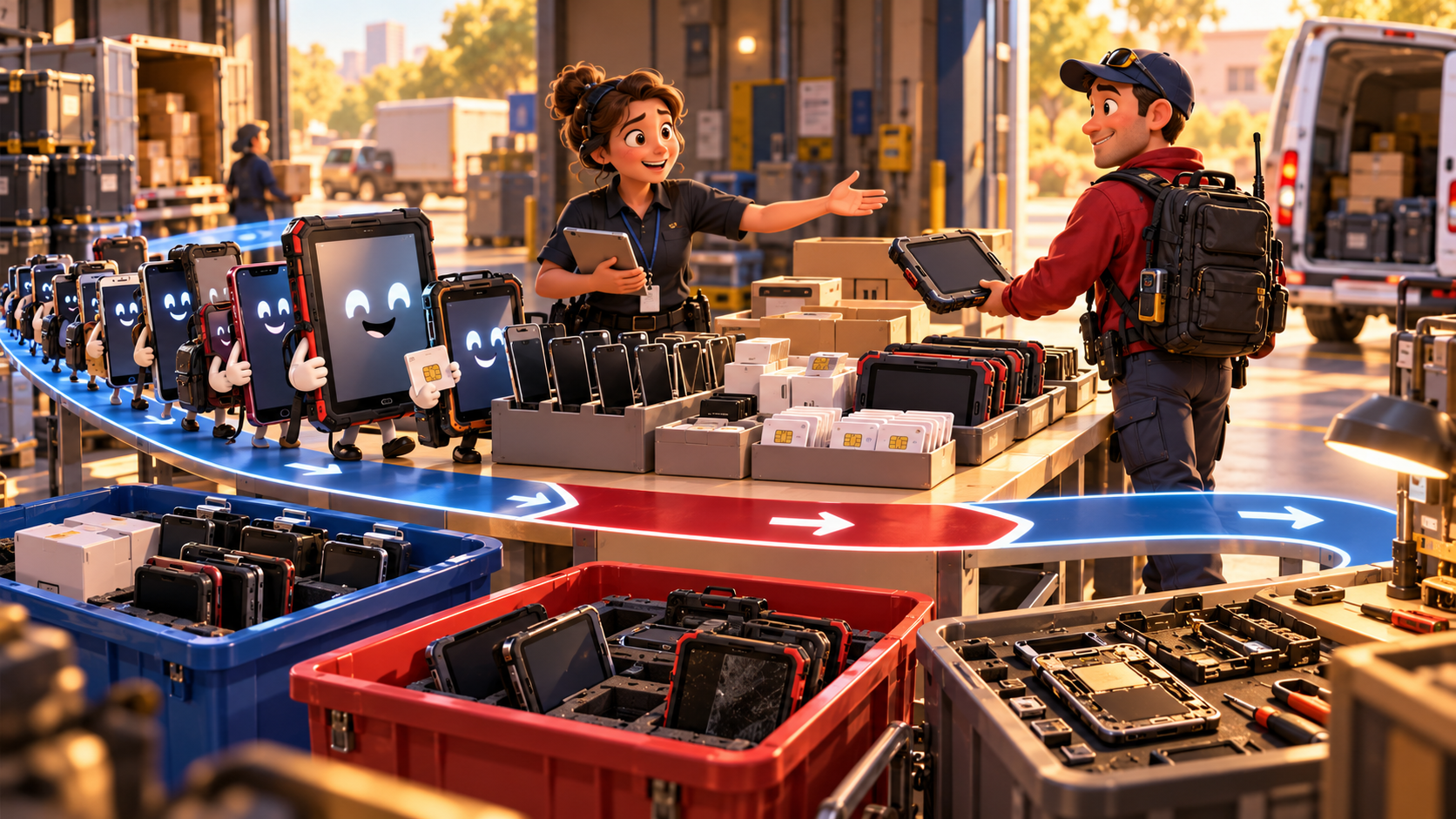 Mobile device lifecycle team sorts rugged phones and tablets for deployment, reuse, repair and recycling at a logistics facility.
