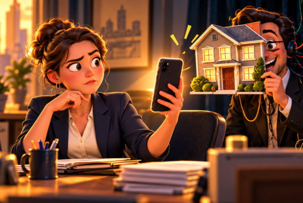 Illustration of a skeptical employee checking her phone while a caller hides behind a neighborhood-house façade.