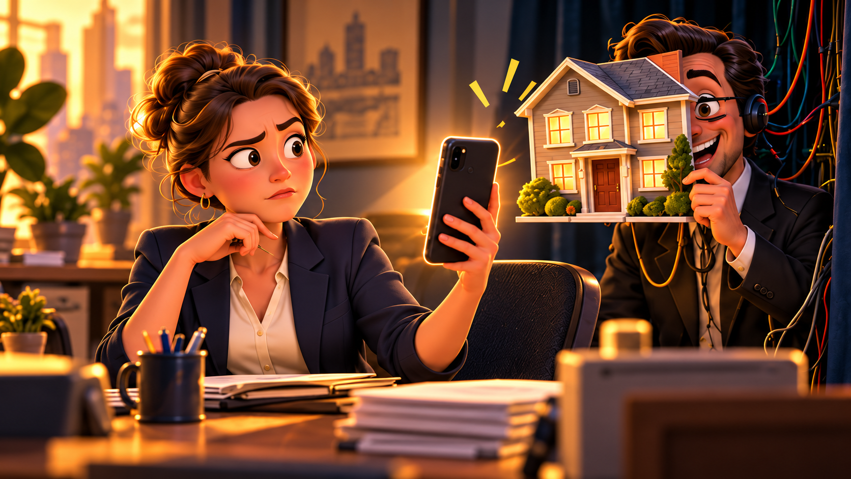 Illustration of a skeptical employee checking her phone while a caller hides behind a neighborhood-house façade.