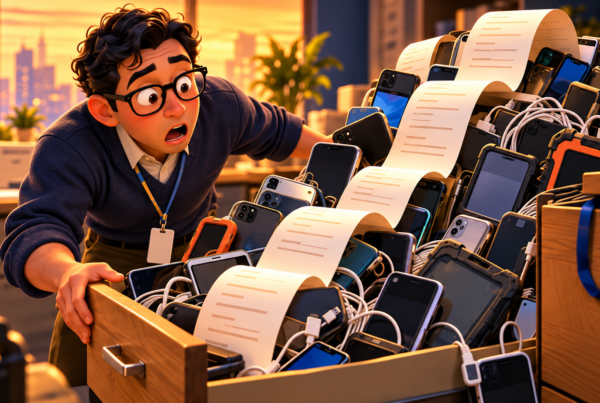 Illustration of an IT manager discovering a drawer overflowing with smartphones, chargers and recurring bills.