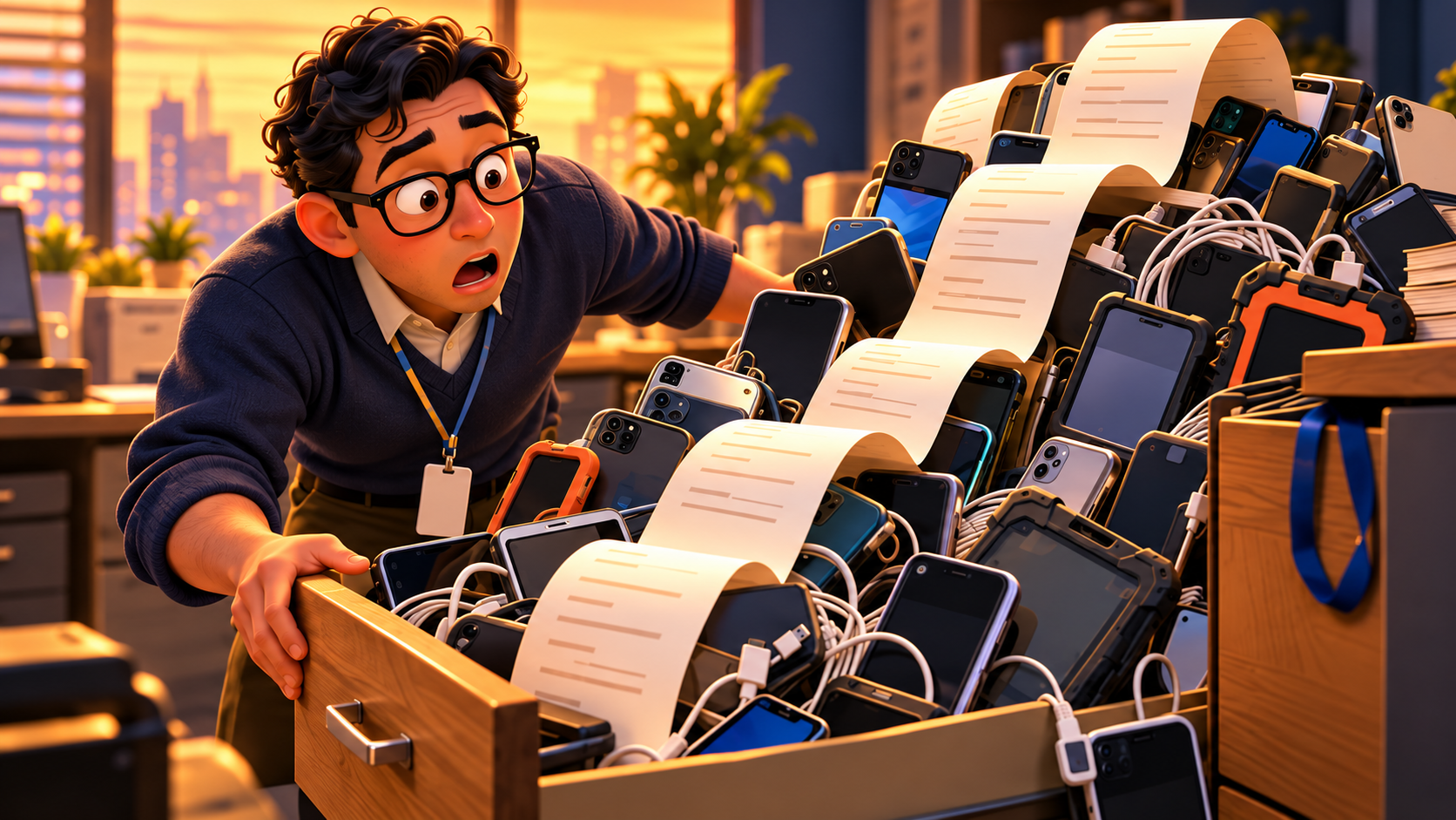 Illustration of an IT manager discovering a drawer overflowing with smartphones, chargers and recurring bills.